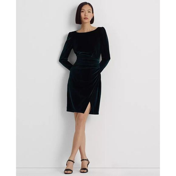 Ralph Lauren Dark Green Velvet Puff-Sleeve Ruched Cocktail Dress Size 16 - Picture 2 of 8